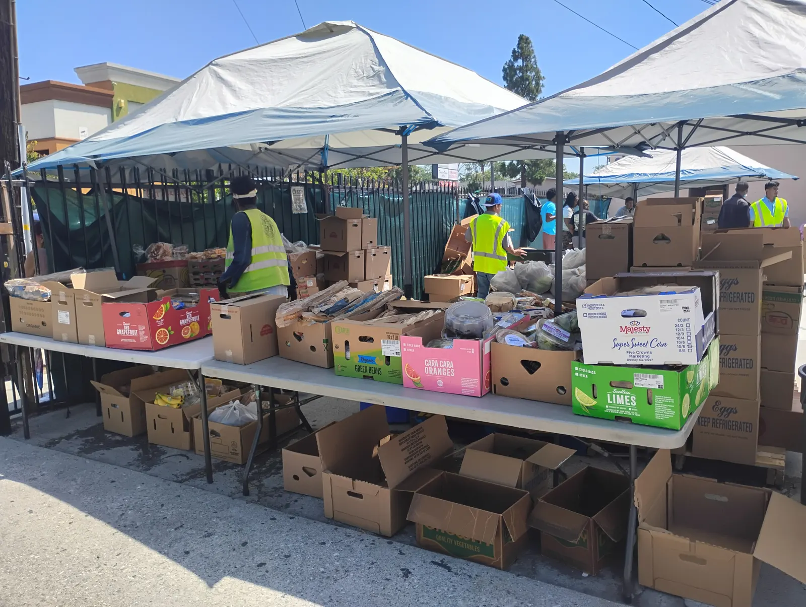 Volunteers at an outdoor grocery distribution